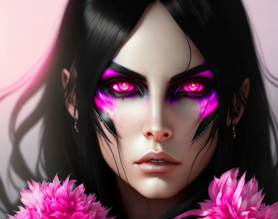 Digital Art: Woman with Purple Eyes, Dark Hair, and Floral Accents