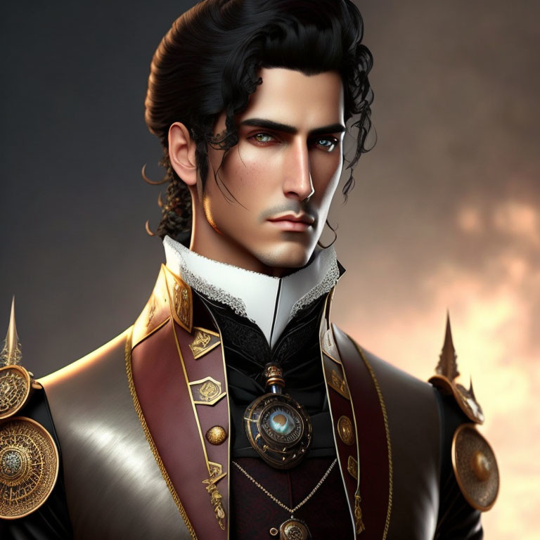 Regal man with dark hair in Victorian-style outfit