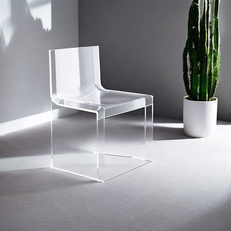 Modern Clear Acrylic Chair Next to Tall Potted Cactus in Brightly Lit Room