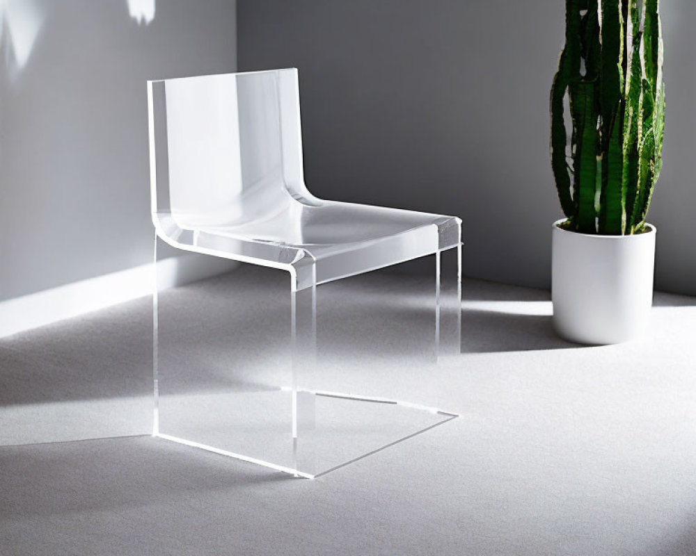 Modern Clear Acrylic Chair Next to Tall Potted Cactus in Brightly Lit Room