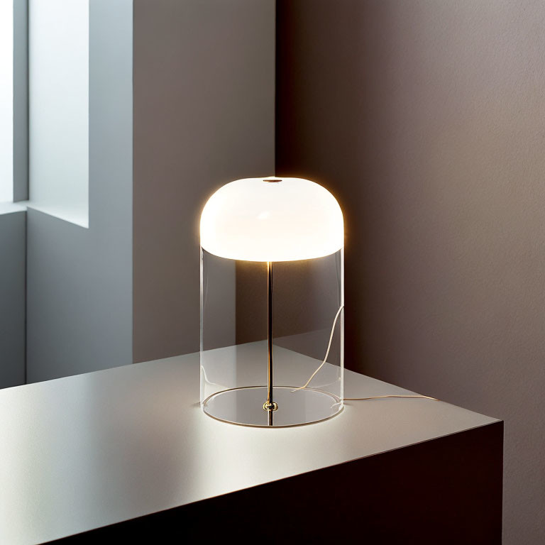 Transparent Cylinder Table Lamp with Opal Diffuser and Brass Details