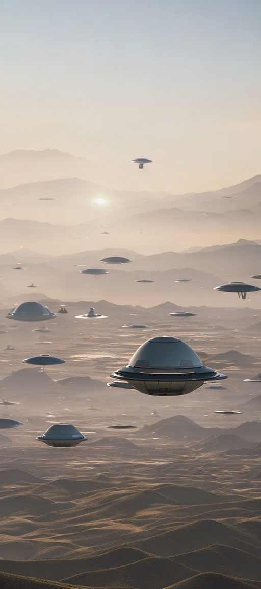 Futuristic flying saucers hover over serene desert landscape at sunrise