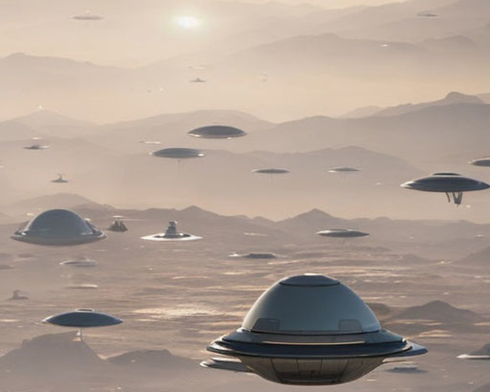 Futuristic flying saucers hover over serene desert landscape at sunrise