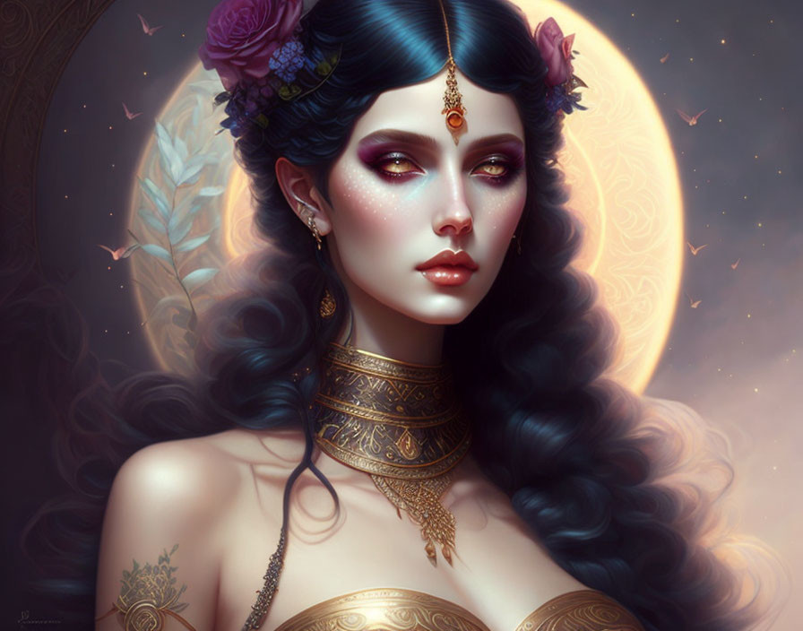 Ethereal woman with dark hair, adorned with flowers and gold jewelry, in mystical moonlit setting