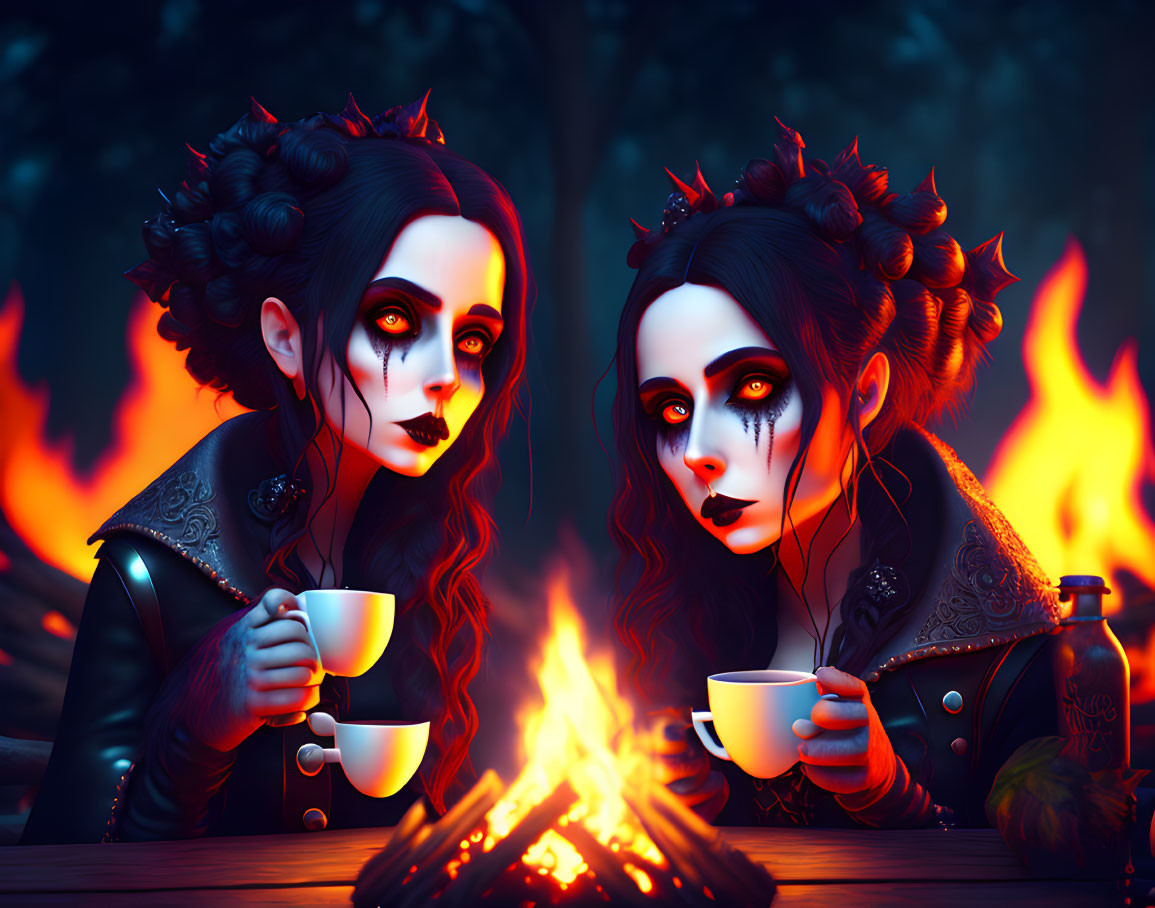 Two women in gothic makeup and attire holding teacups by a fire with intense red and blue