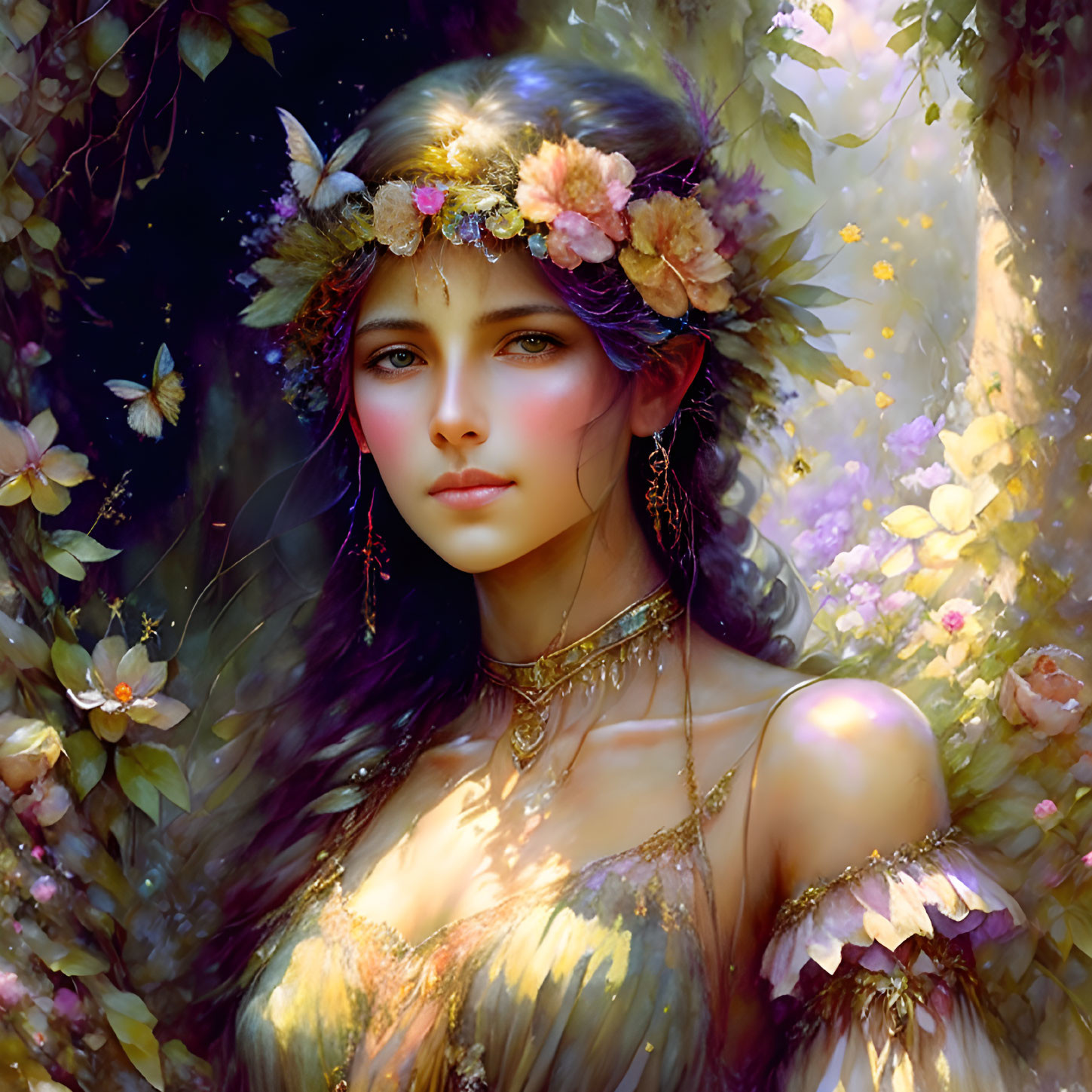 Enchanting fairy woman in floral crown amidst magical forest