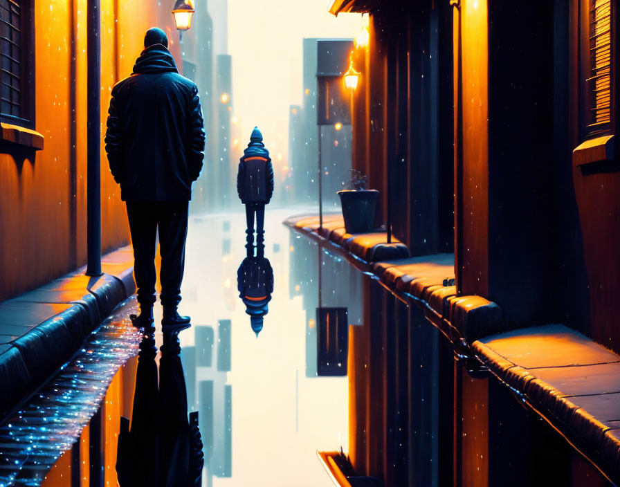 Person walking in rain-soaked alley with warm lights and reflections