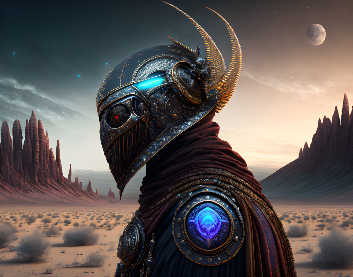 Futuristic knight in ornate armor in desert twilight with crescent moon