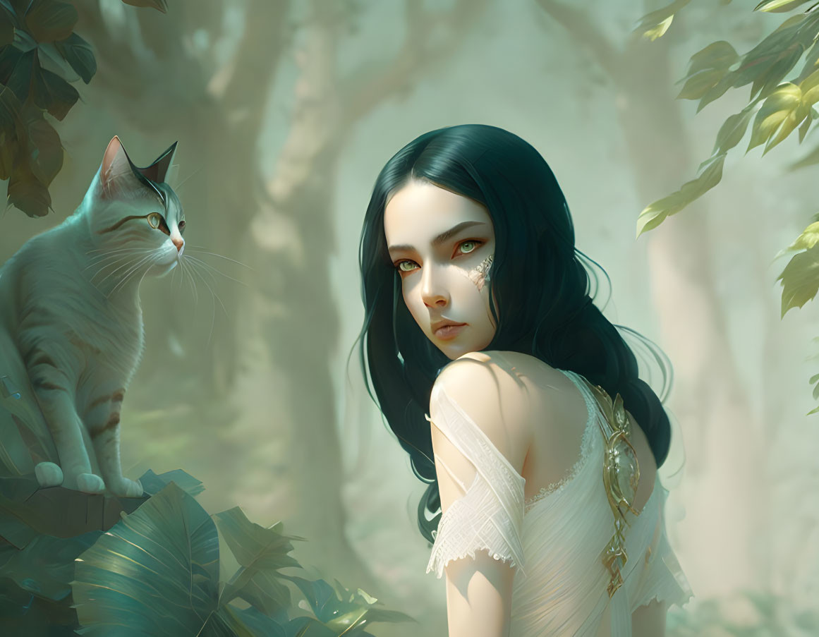 Dark-haired woman with blue eyes and cat in mystical forest scene.