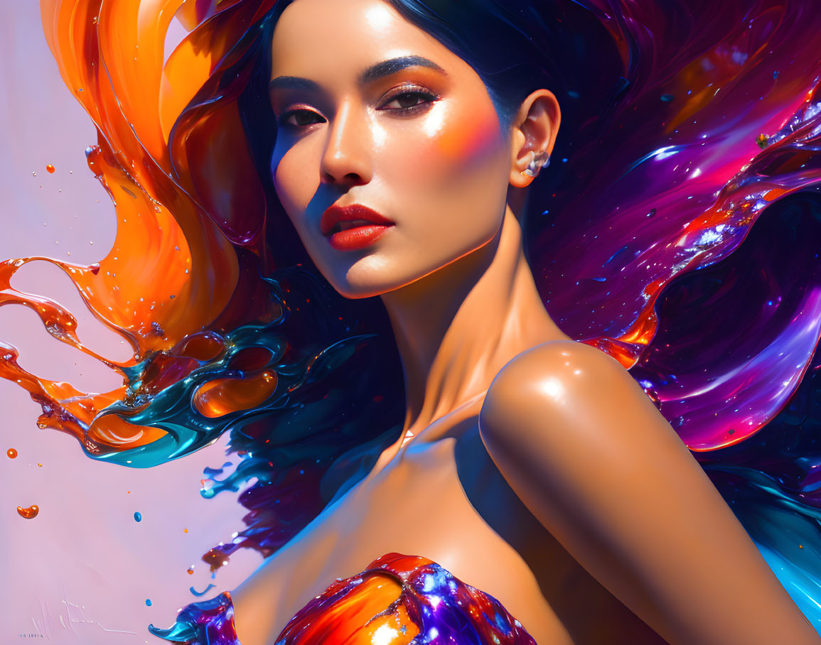 Colorful digital artwork: Woman with liquid-like hair & makeup