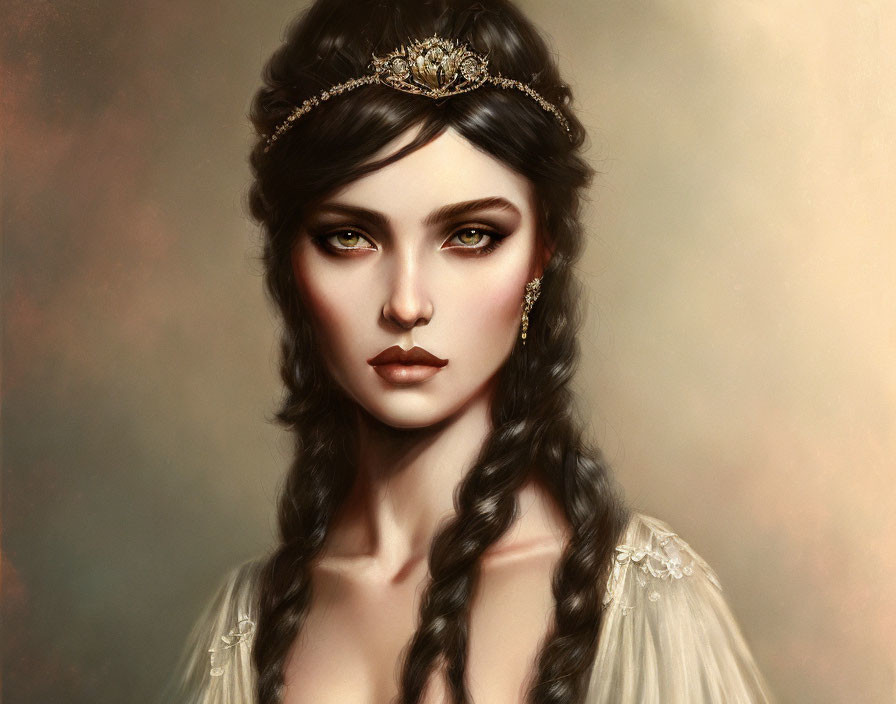 Ethereal digital portrait of a woman with crown, braided hair