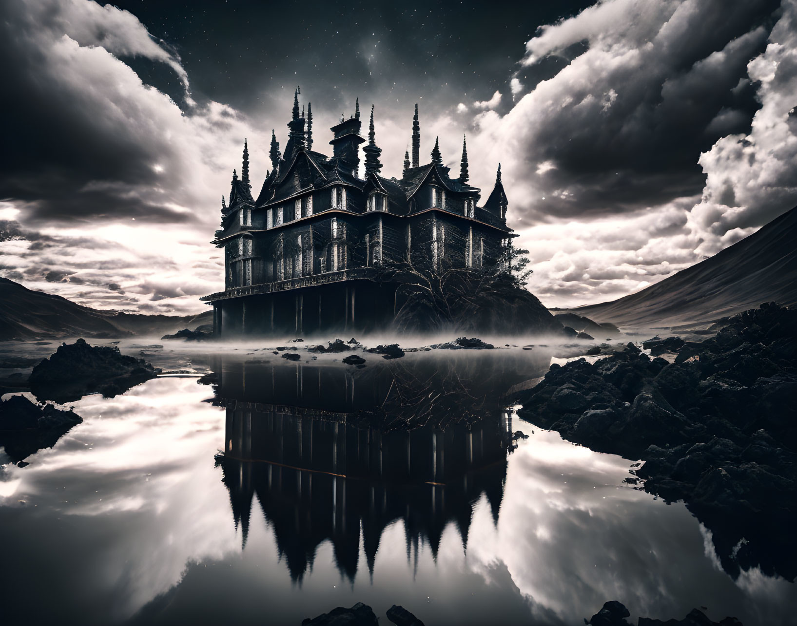 Gothic-style mansion by reflective lake under dramatic sky