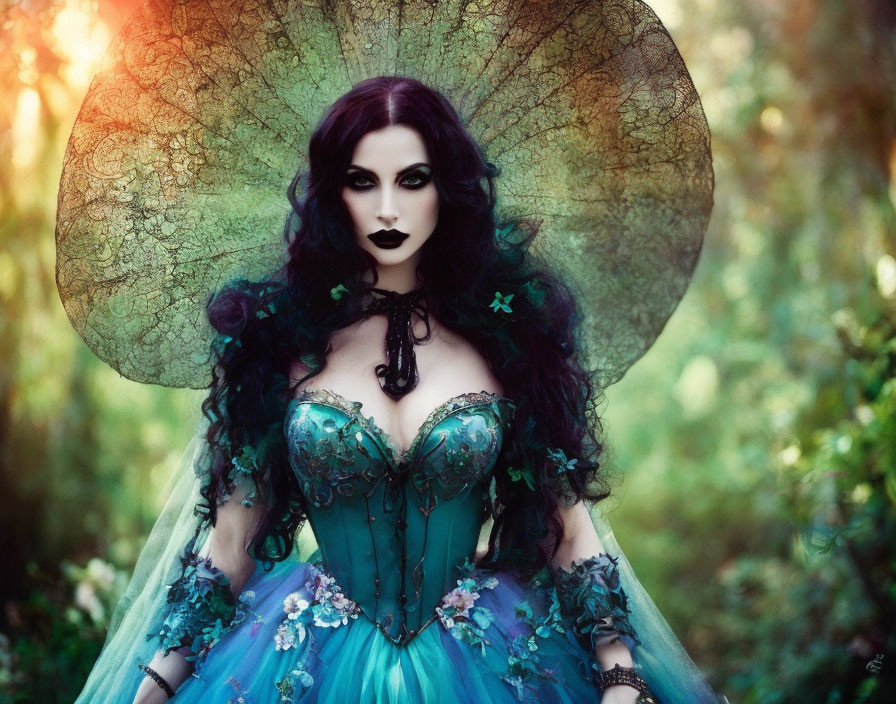 Woman in green corset dress with lace umbrella in Gothic fantasy forest.