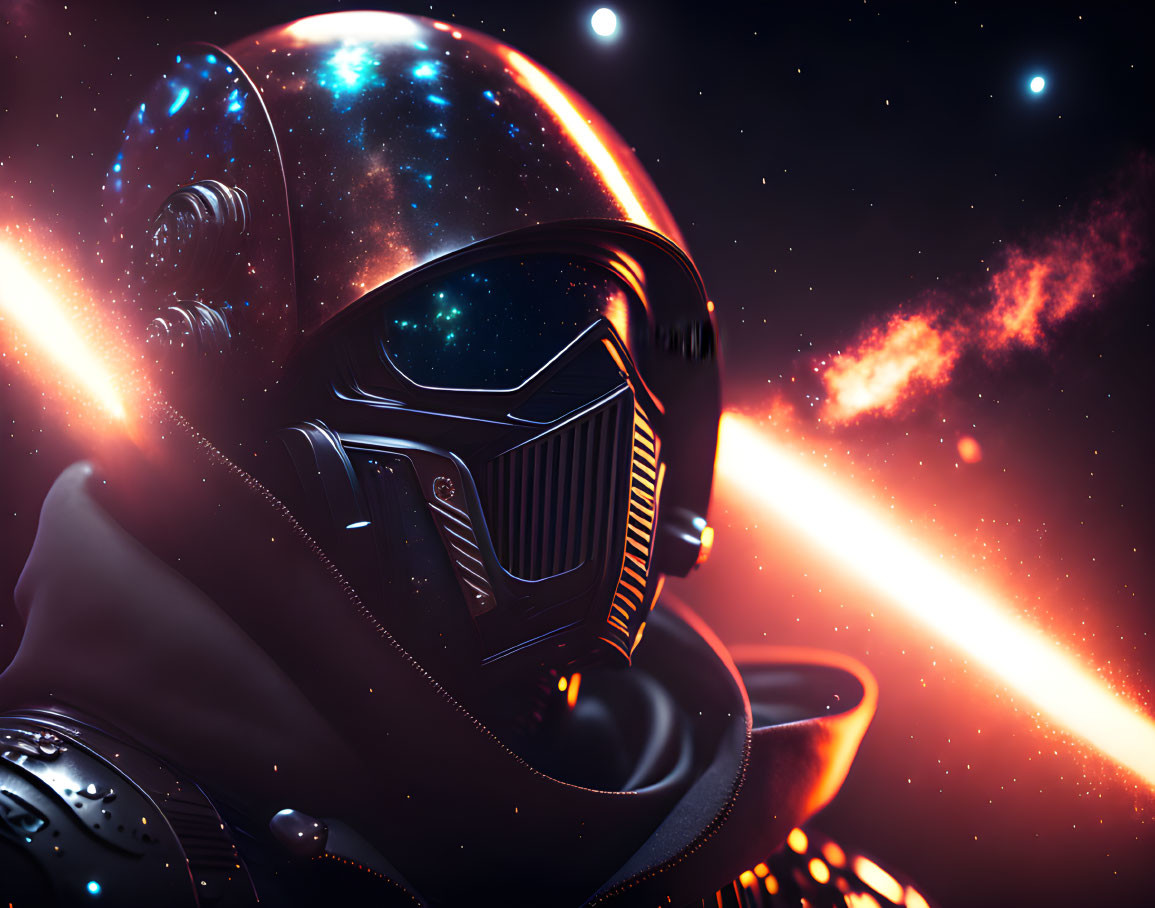 Futuristic astronaut helmet reflecting star-filled galaxy