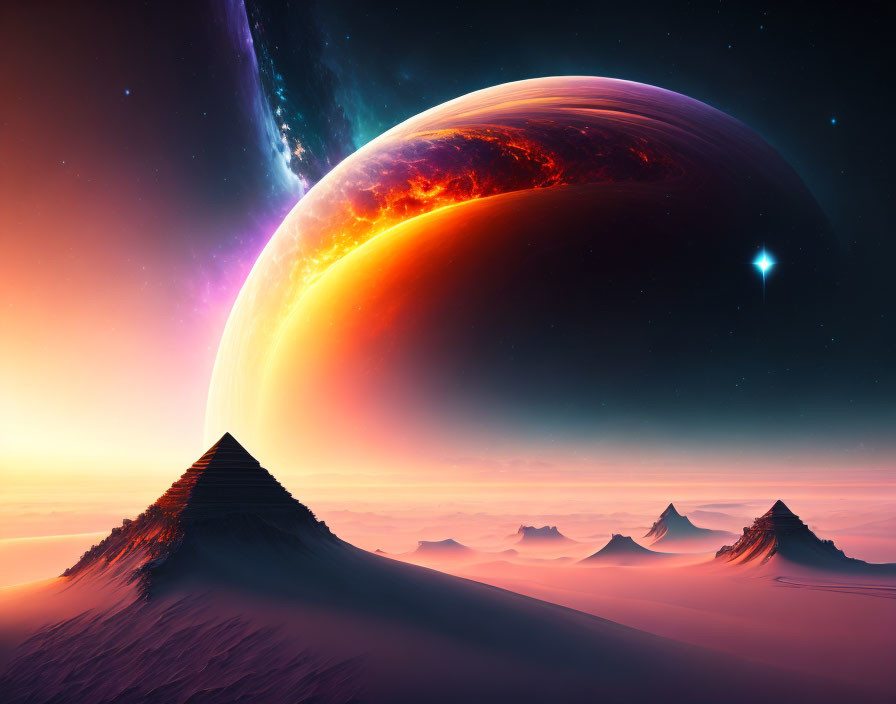 Surreal landscape with pyramids, mountains, and oversized planet