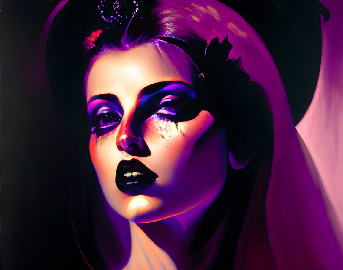 Vivid purple and pink tones accentuate a dramatic makeup portrait.