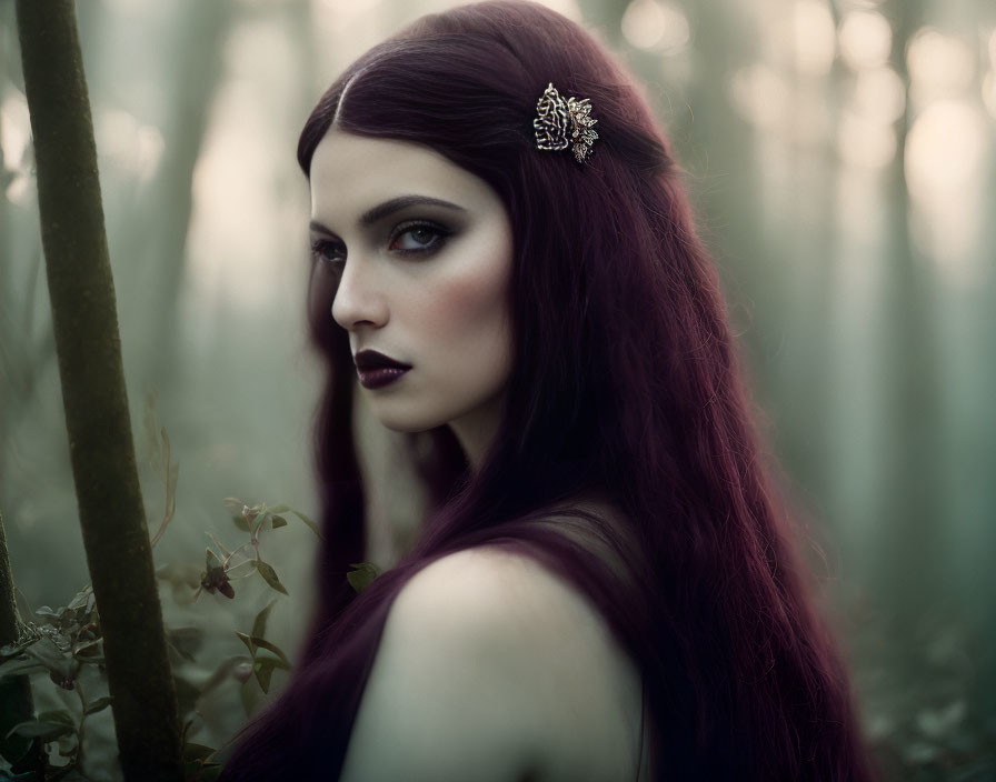 Burgundy-haired woman in dark makeup in misty forest with butterfly clip