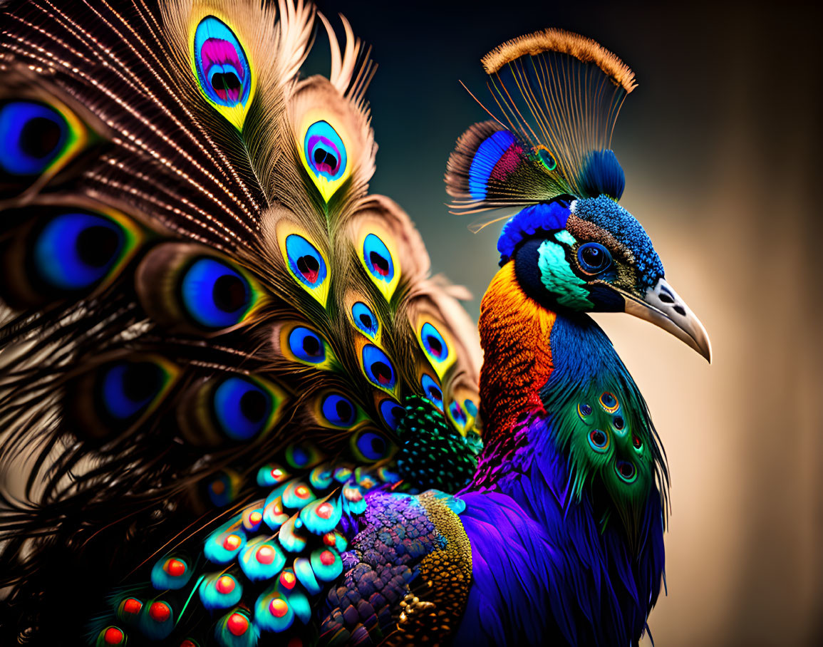 Colorful Peacock Close-Up with Eyespots and Iridescence