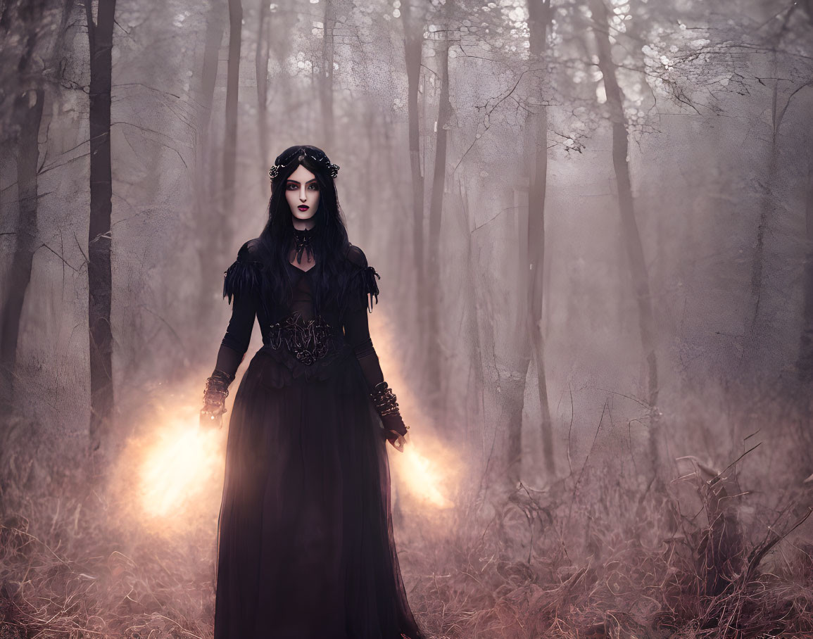 Gothic woman in black dress with glowing orbs in misty forest