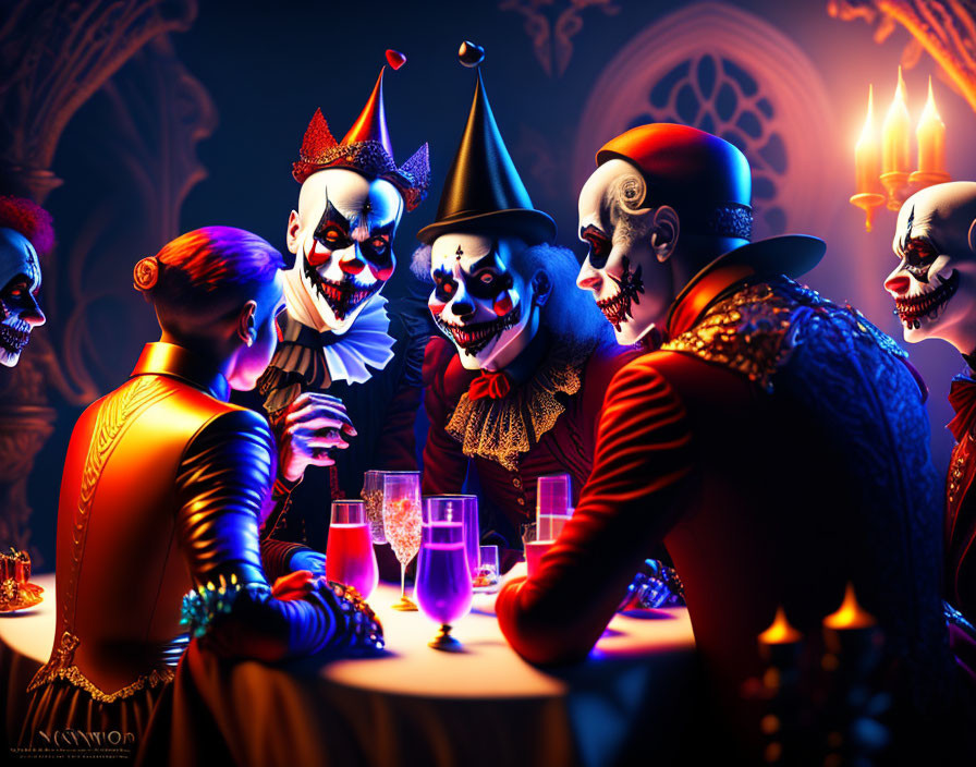 Colorful Clown Characters in Elaborate Costumes Chatting at Table