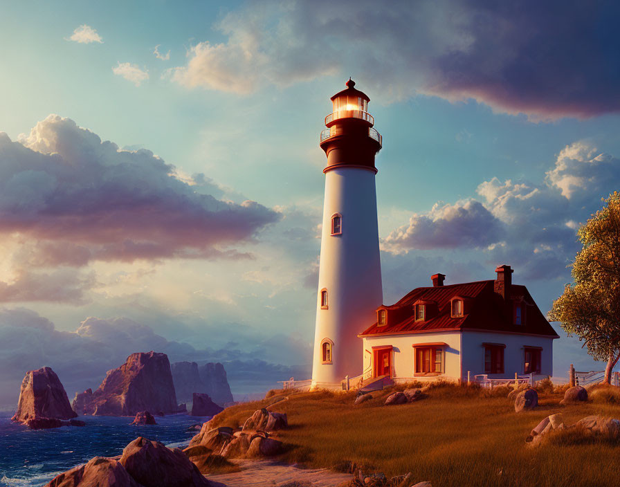 Tranquil sunset seascape with white lighthouse, red roof, green lawn, sea cliffs,