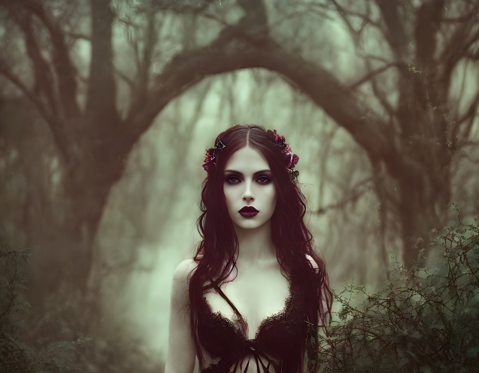 Woman with dark makeup in floral headpiece in misty forest