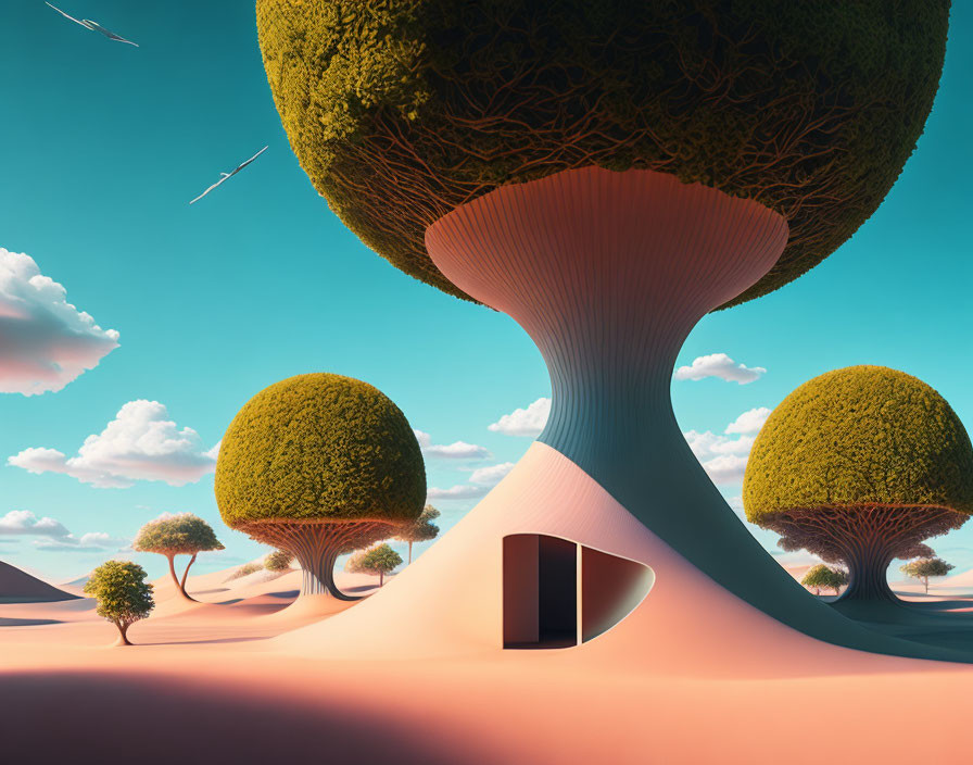 Surreal landscape with bulbous tree canopies and mysterious door.