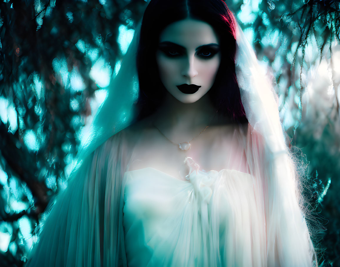 Mysterious Figure with Dark Makeup in Moody Forest Setting