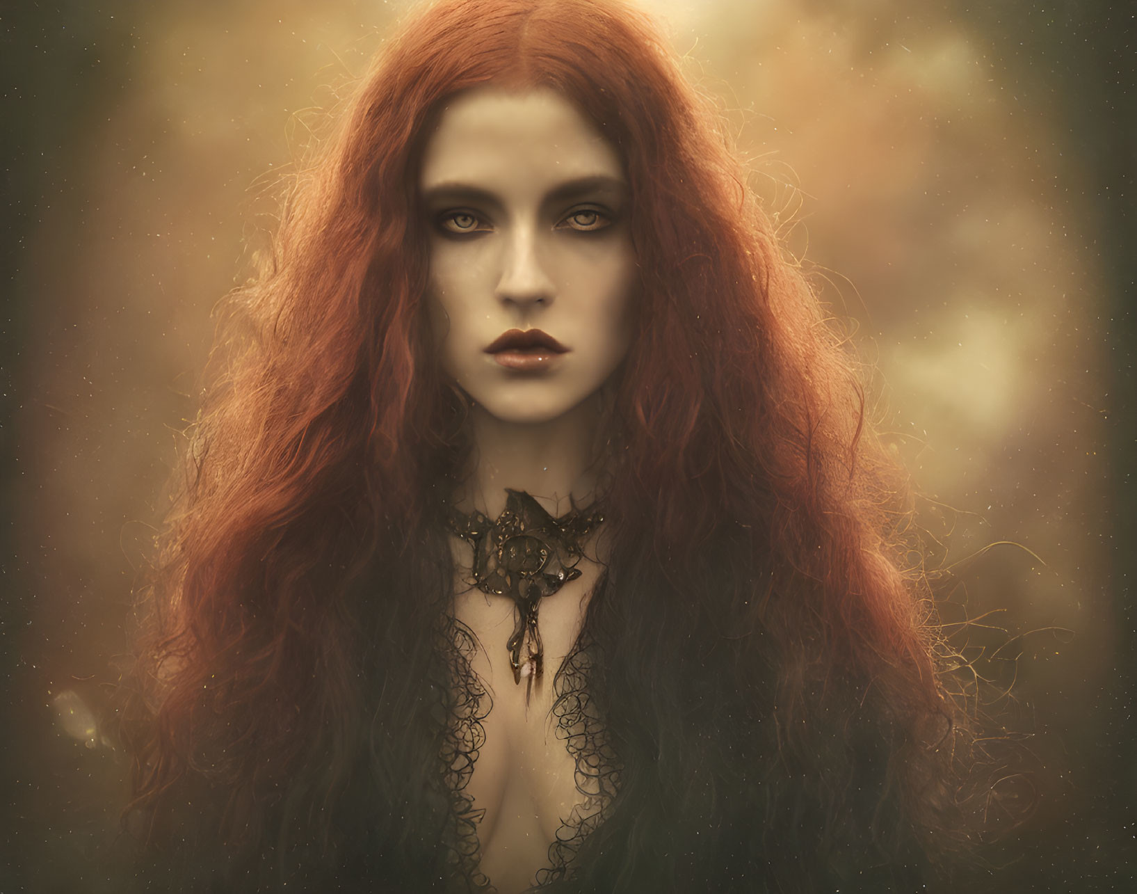 Red-haired woman in black lace garment against misty backdrop