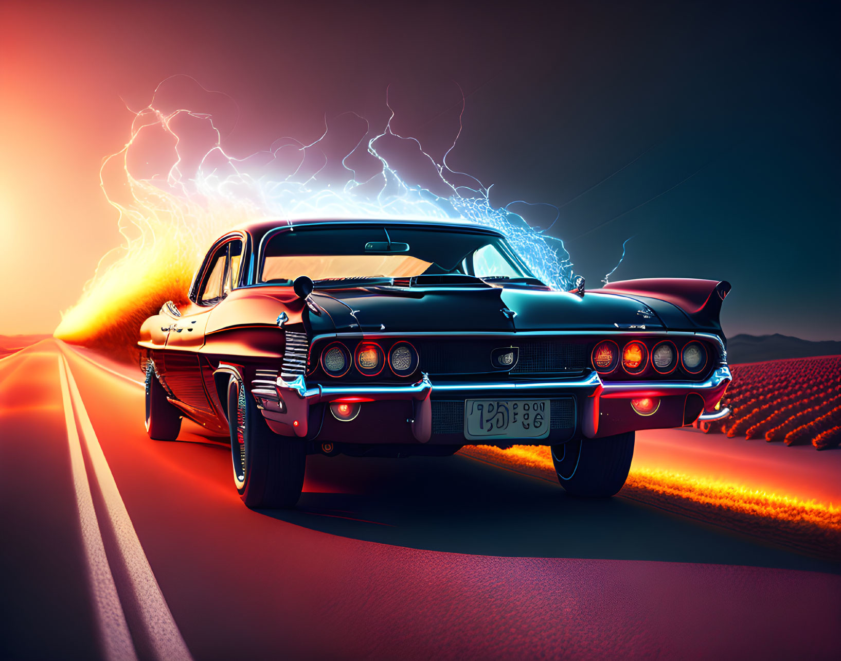 Vintage car with blue electric currents speeding at sunset