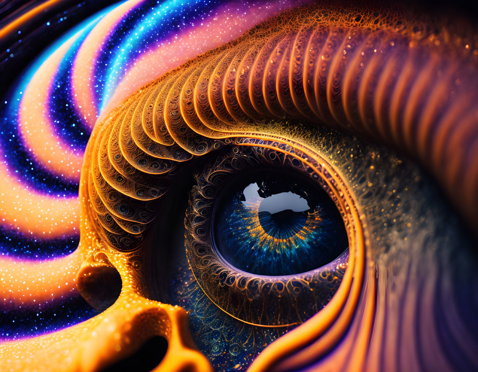 Vivid digital artwork: Blue eye with swirling fractal patterns