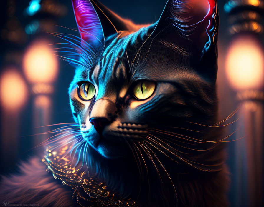 Majestic cat with glowing yellow eyes and feather collar amidst vintage lamps