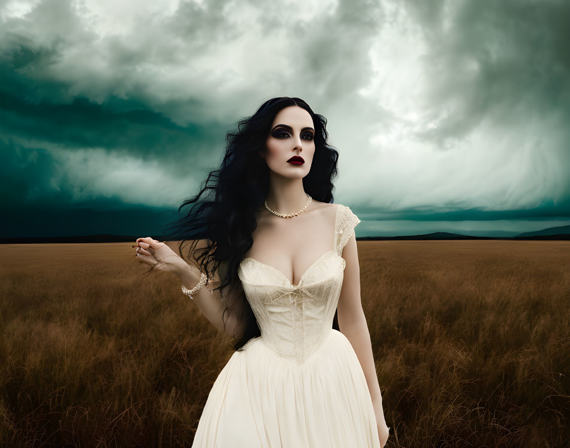 Pale woman in vintage dress in moody stormy field: Gothic vibes