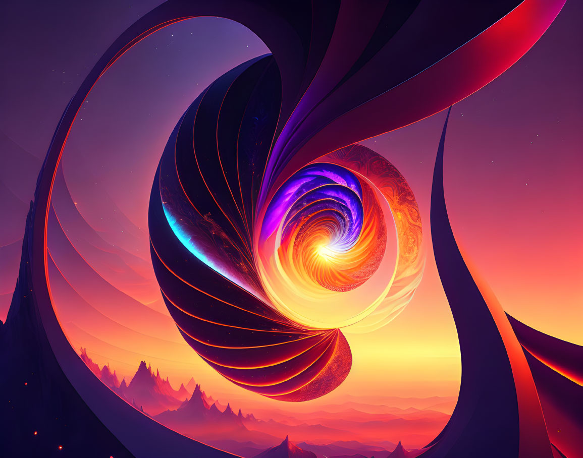 Vibrant digital artwork: swirling vortex over mountain landscape