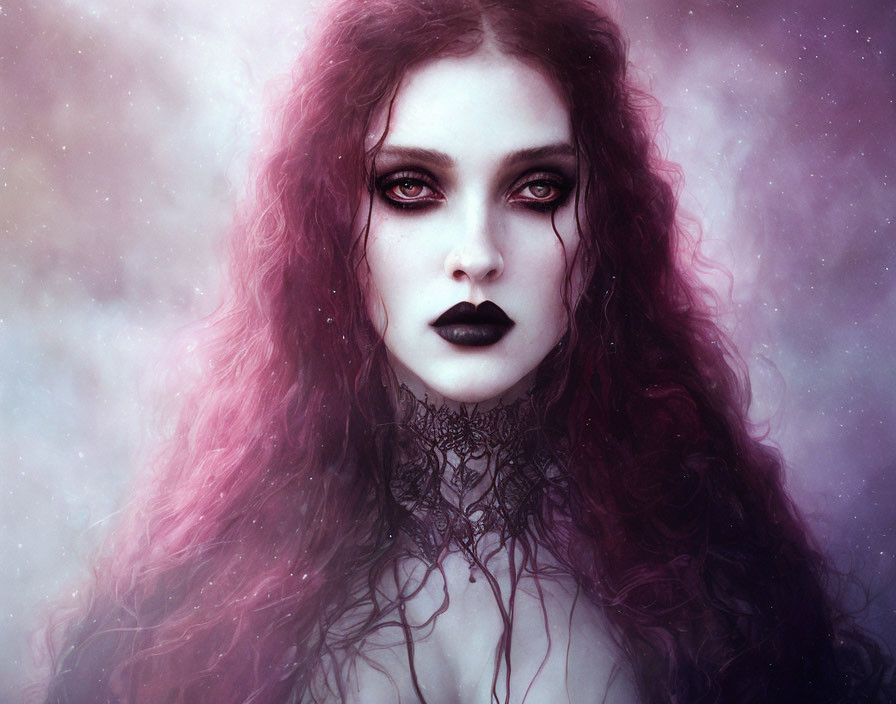 Mystical woman with red hair and dark makeup on soft purple background