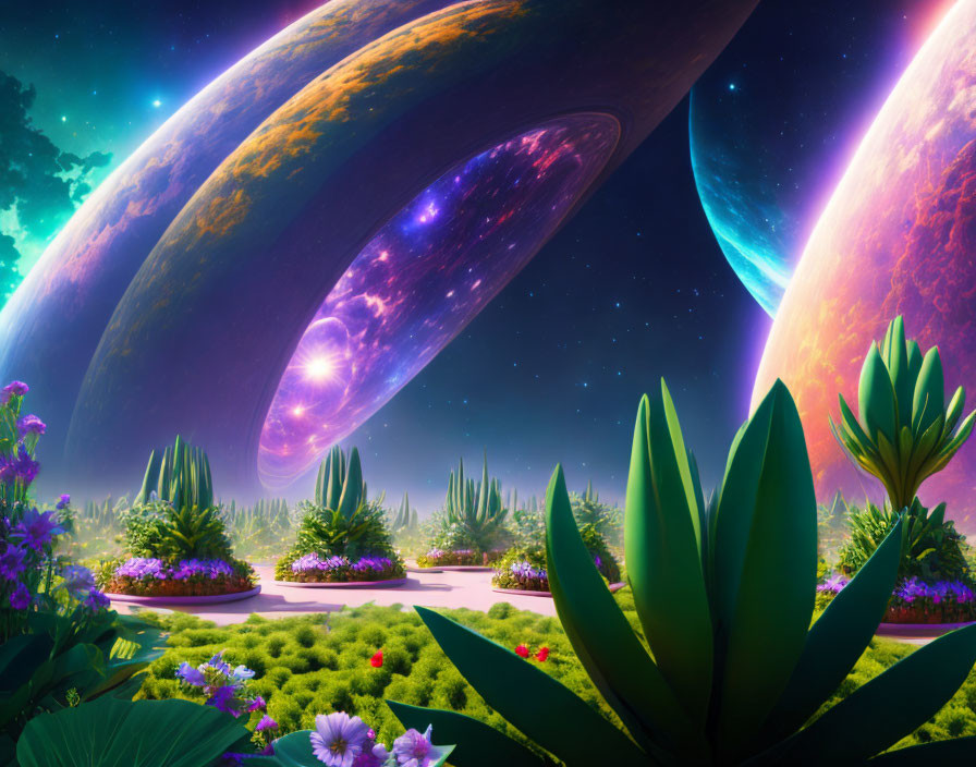 Exotic flora and colossal planets in vibrant sci-fi landscape