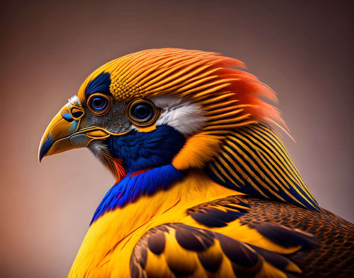 Colorful Pheasant Close-Up: Vibrant Blue, Orange, and Yellow Feathers, Detailed