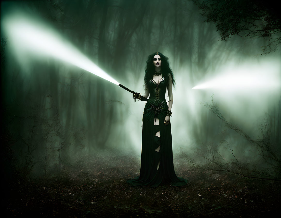 Gothic attire figure with glowing sword in misty forest