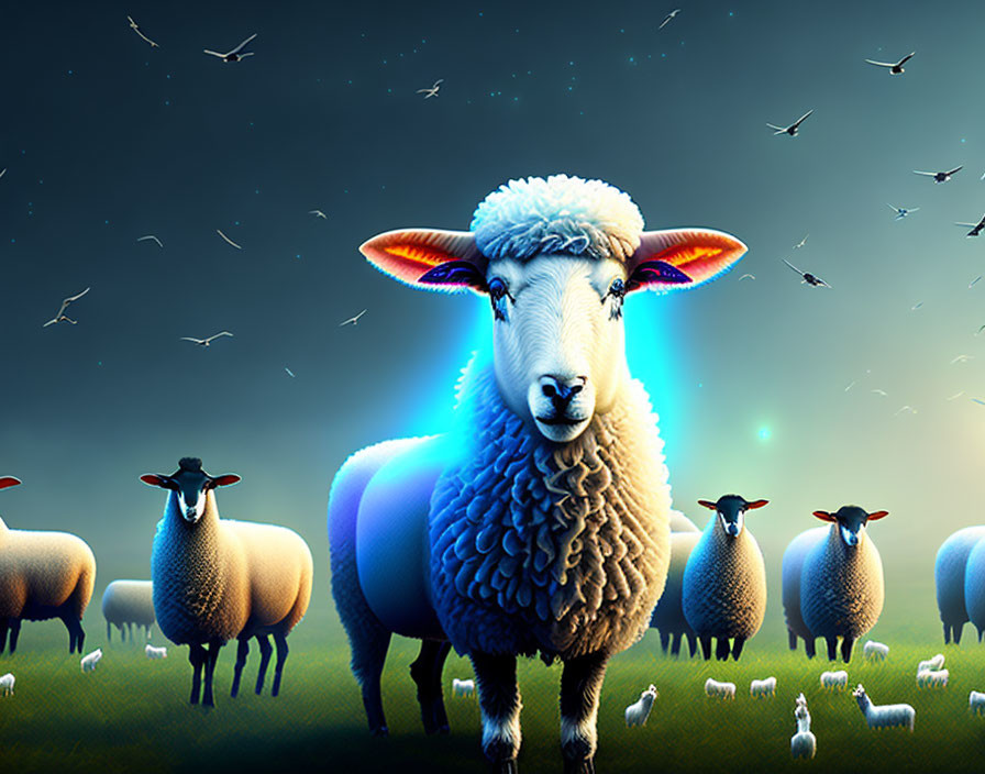 Vividly illuminated sheep in twilight flock with birds overhead