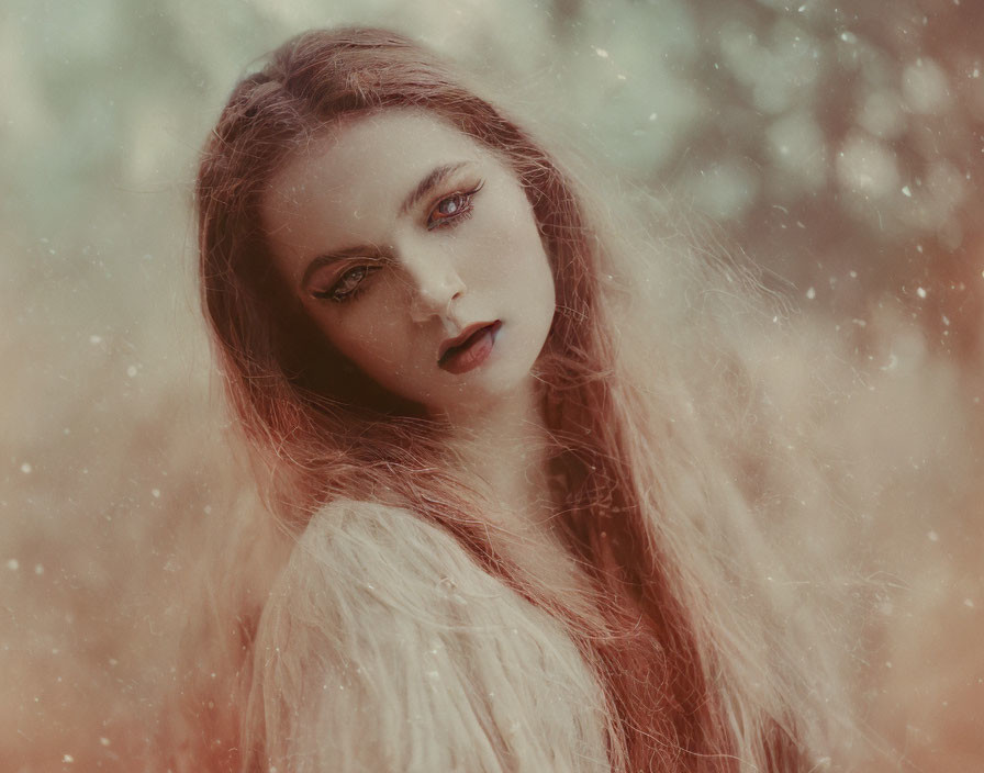 Portrait of Woman with Long Hair and Captivating Gaze in Dreamy Background