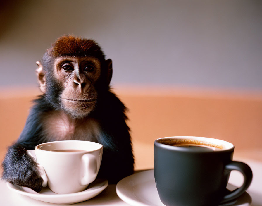 Young monkey at table with two coffee cups, looking puzzled