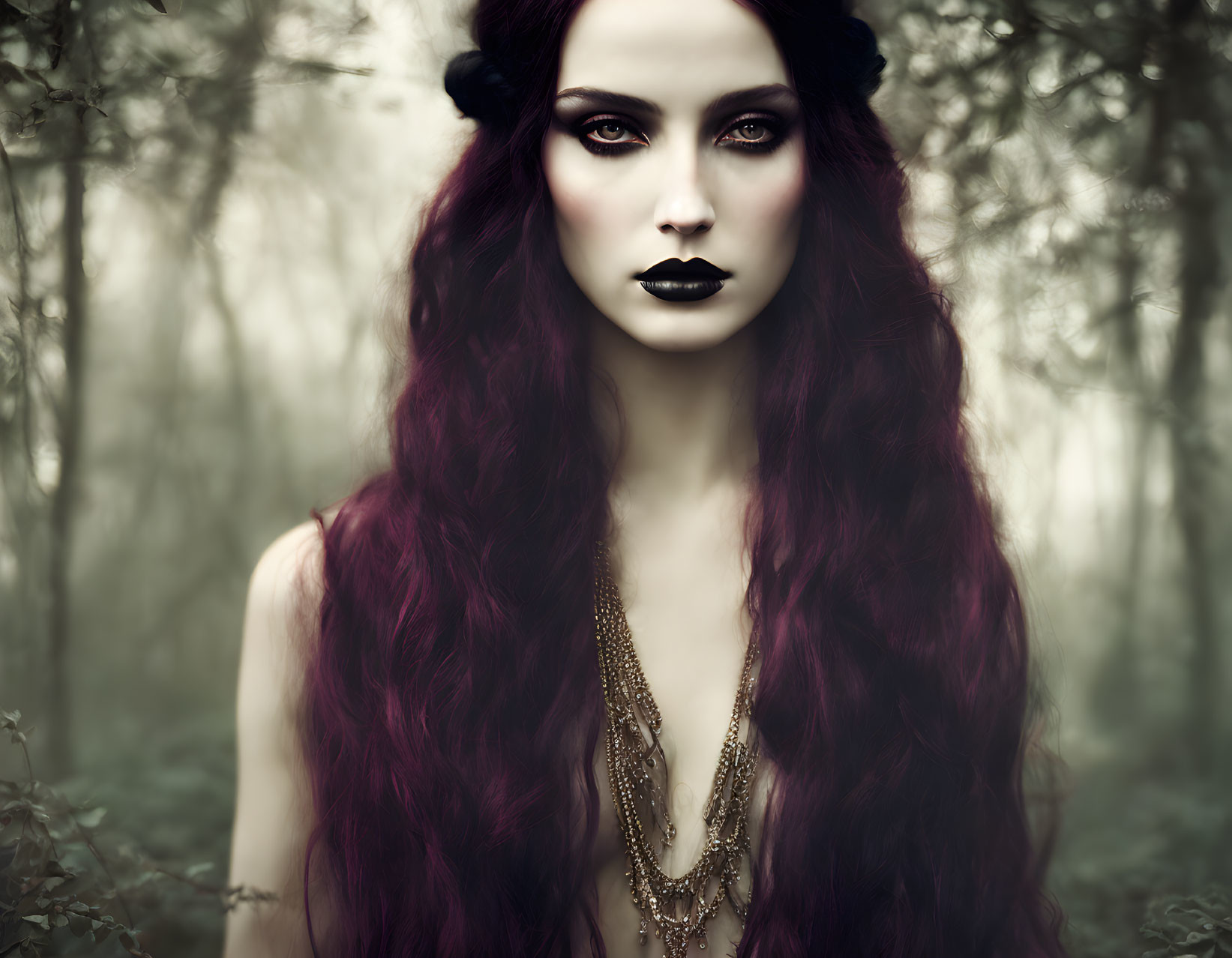 Woman with Long Purple Hair in Misty Forest Wearing Black Outfit