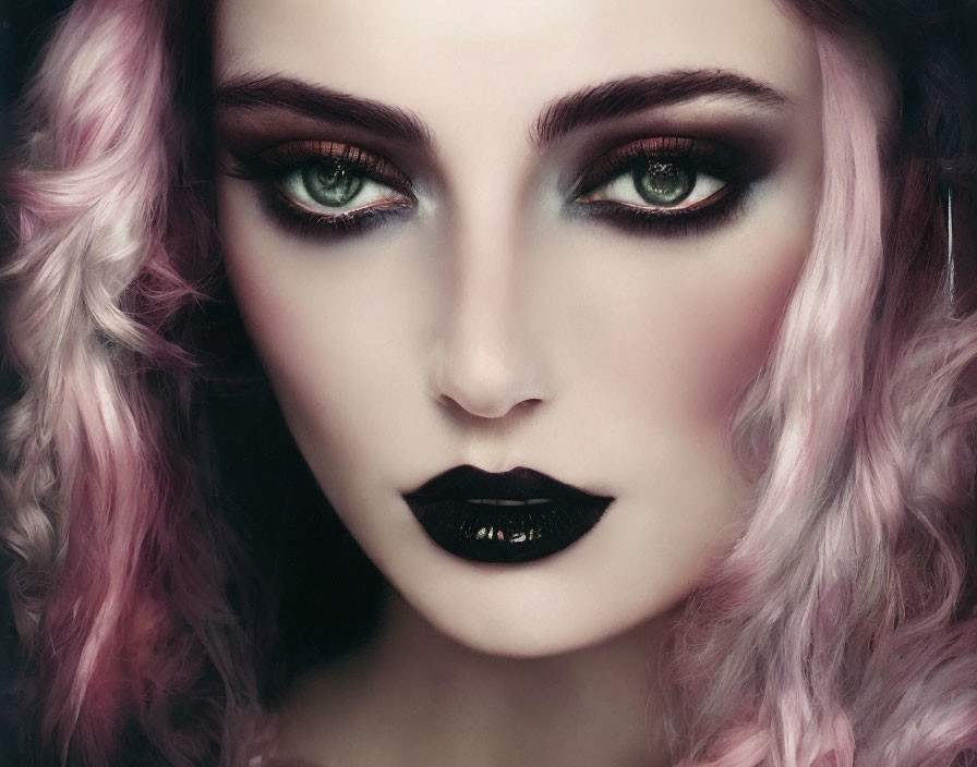 Striking green eyes, black lipstick, wavy pink & blonde hair in gothic makeup