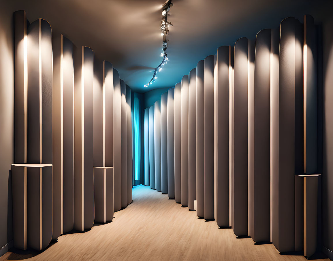 Modern hallway with ribbed walls, warm lighting, & unique ceiling fixture