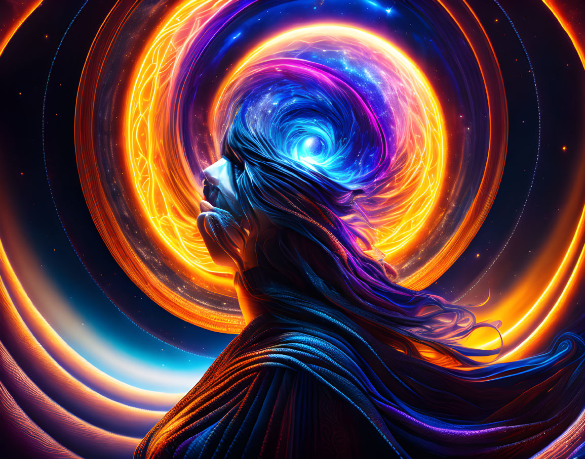 Woman with flowing hair gazes at swirling vortex of bright colors in cosmic fantasy scene