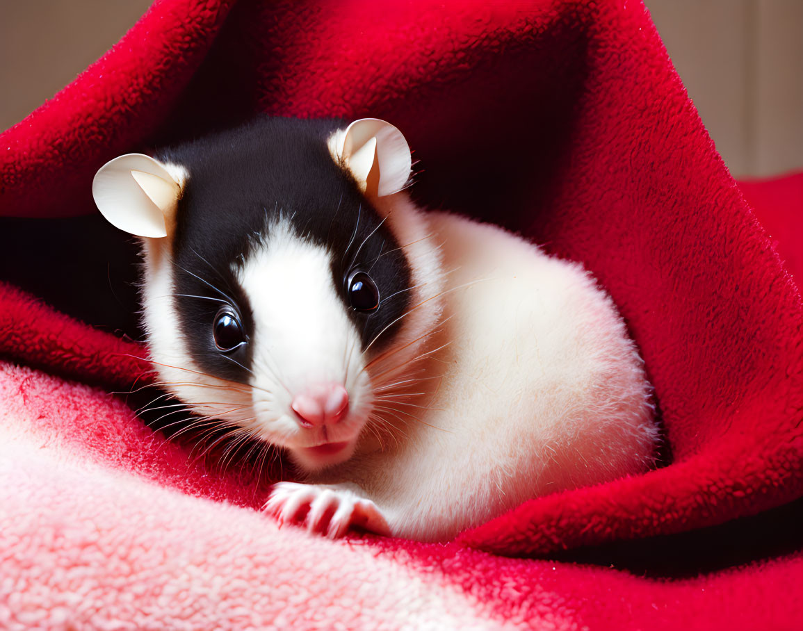 Black and white pet rat peeking from red blanket with small hands visible