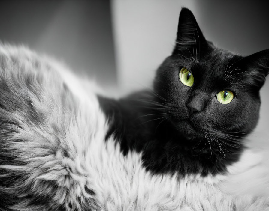 Striking Green-Eyed Black and White Cat on Grayscale Background