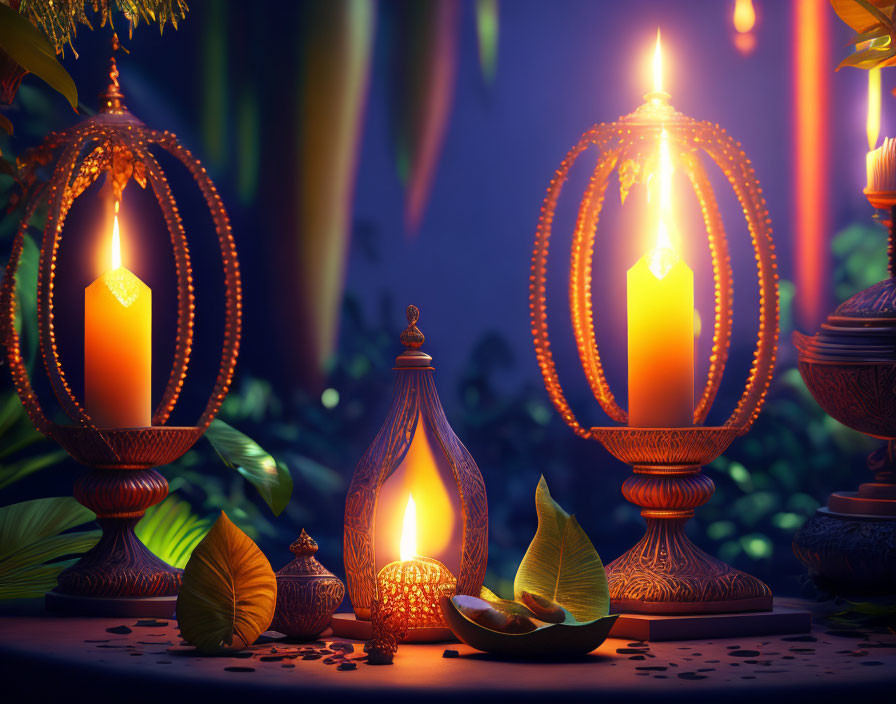 Ornate Lanterns and Glowing Candles in Night Setting