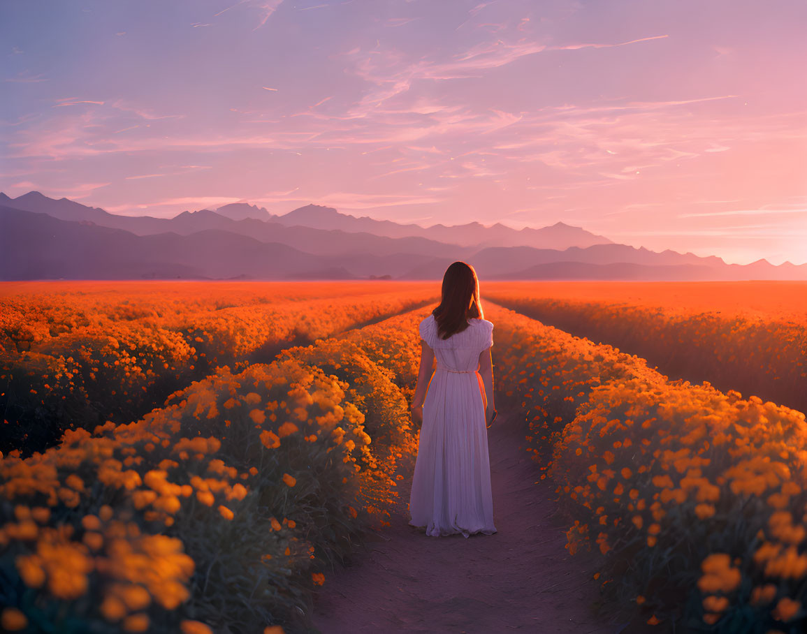 Woman in white dress in vibrant flower field at sunset with mountains and colorful sky