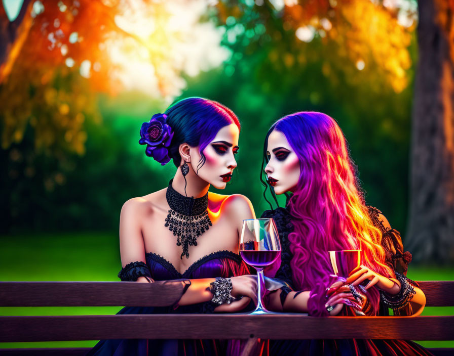 Two Women with Vivid Makeup and Wine Glasses Outdoors